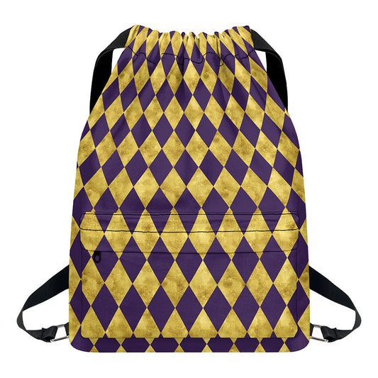 Purple And Gold Harlequin Pattern Print Drawstring Backpack