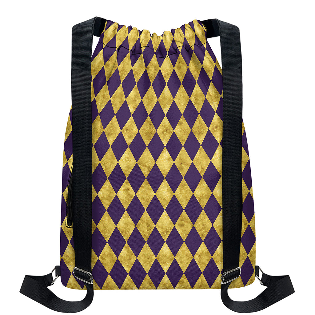 Purple And Gold Harlequin Pattern Print Drawstring Backpack