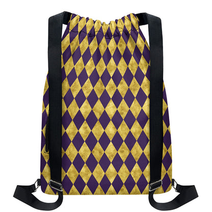 Purple And Gold Harlequin Pattern Print Drawstring Backpack