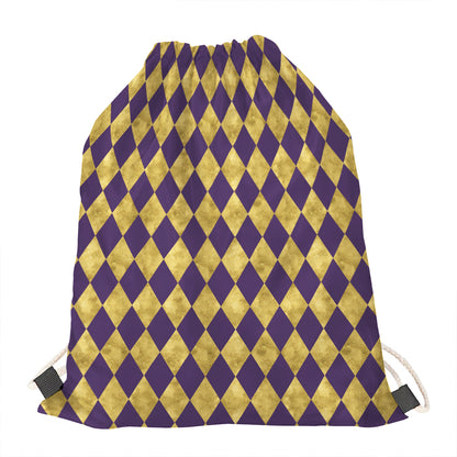 Purple And Gold Harlequin Pattern Print Drawstring Bag