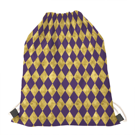 Purple And Gold Harlequin Pattern Print Drawstring Bag