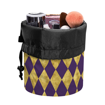 Purple And Gold Harlequin Pattern Print Drawstring Makeup Bag