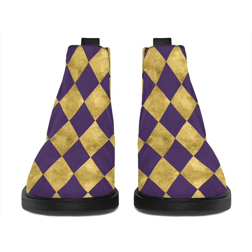 Purple And Gold Harlequin Pattern Print Flat Ankle Boots