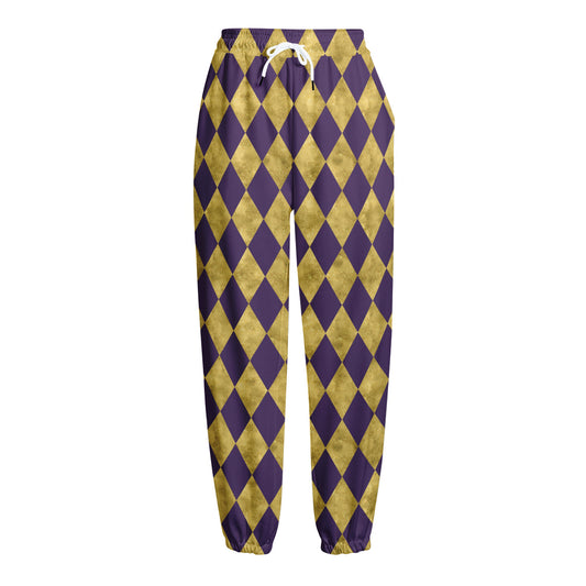 Purple And Gold Harlequin Pattern Print Fleece Lined Knit Pants