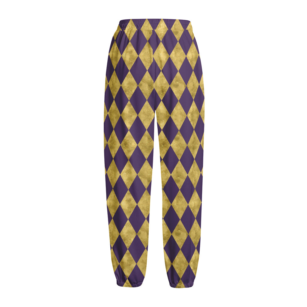 Purple And Gold Harlequin Pattern Print Fleece Lined Knit Pants