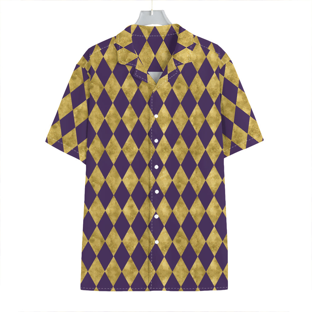 Purple And Gold Harlequin Pattern Print Hawaiian Shirt
