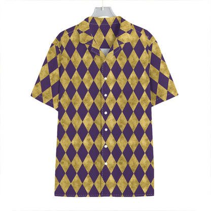 Purple And Gold Harlequin Pattern Print Hawaiian Shirt