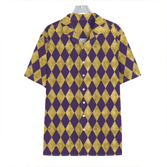 Purple And Gold Harlequin Pattern Print Hawaiian Shirt