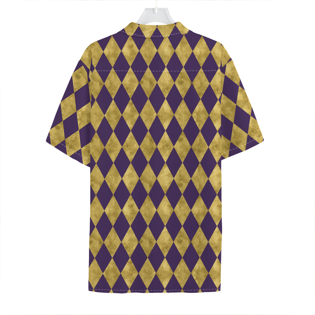 Purple And Gold Harlequin Pattern Print Hawaiian Shirt