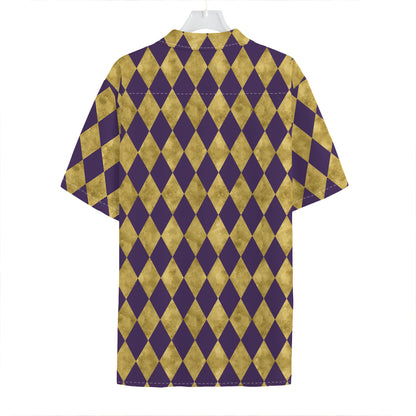 Purple And Gold Harlequin Pattern Print Hawaiian Shirt