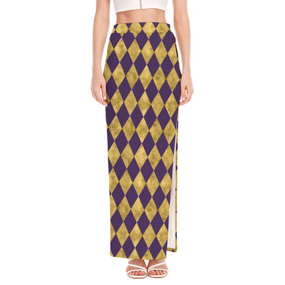 Purple And Gold Harlequin Pattern Print High Slit Maxi Skirt