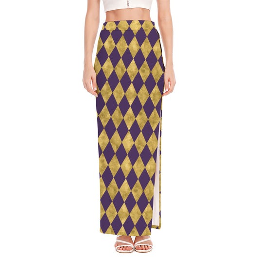Purple And Gold Harlequin Pattern Print High Slit Maxi Skirt