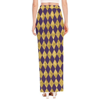 Purple And Gold Harlequin Pattern Print High Slit Maxi Skirt