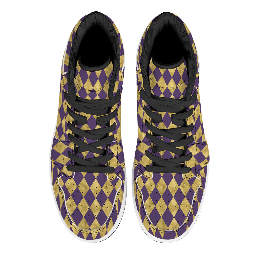 Purple And Gold Harlequin Pattern Print High Top Leather Sneakers