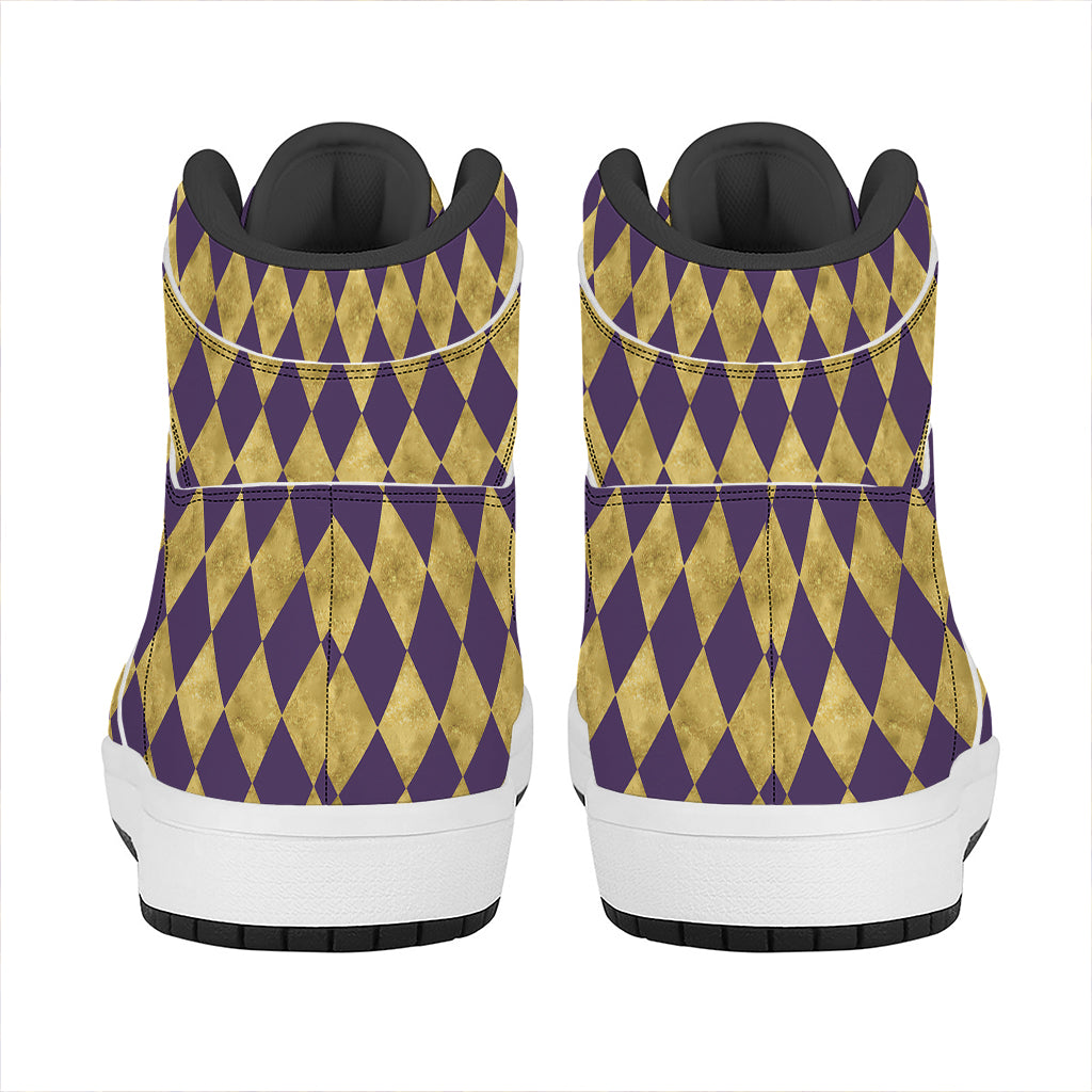Purple And Gold Harlequin Pattern Print High Top Leather Sneakers