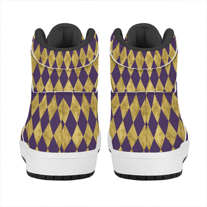 Purple And Gold Harlequin Pattern Print High Top Leather Sneakers