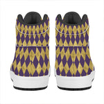 Purple And Gold Harlequin Pattern Print High Top Leather Sneakers
