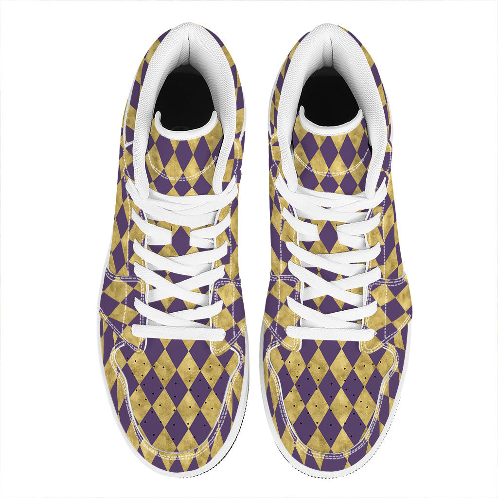 Purple And Gold Harlequin Pattern Print High Top Leather Sneakers