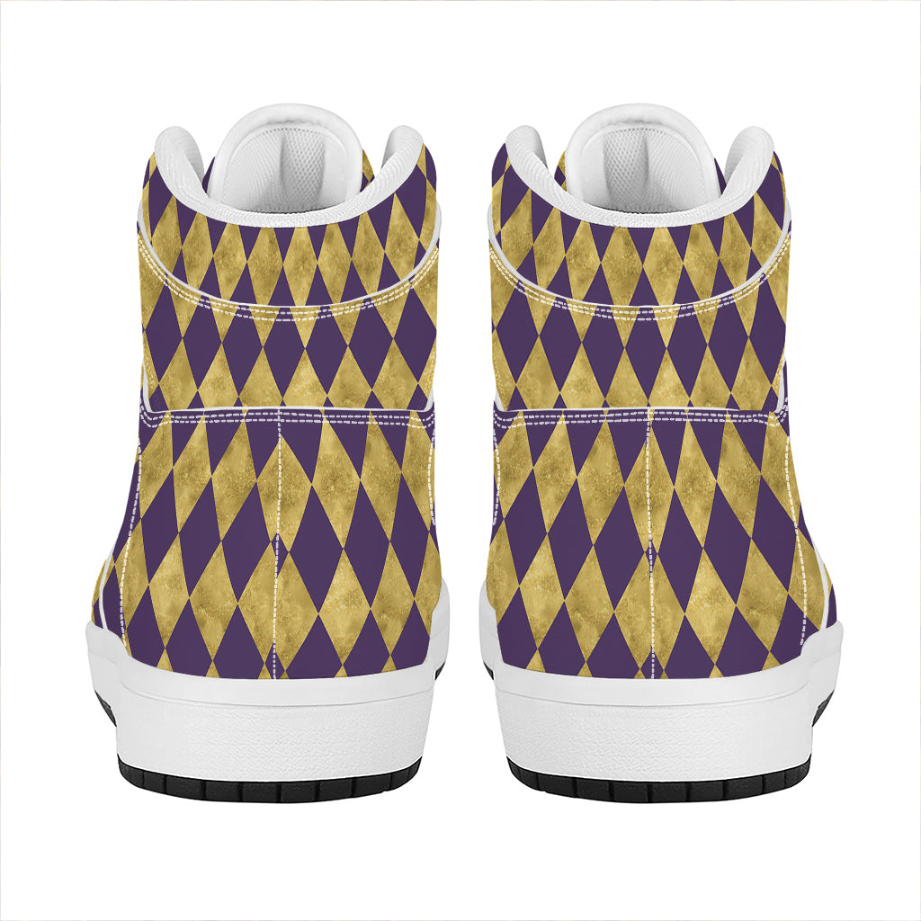 Purple And Gold Harlequin Pattern Print High Top Leather Sneakers