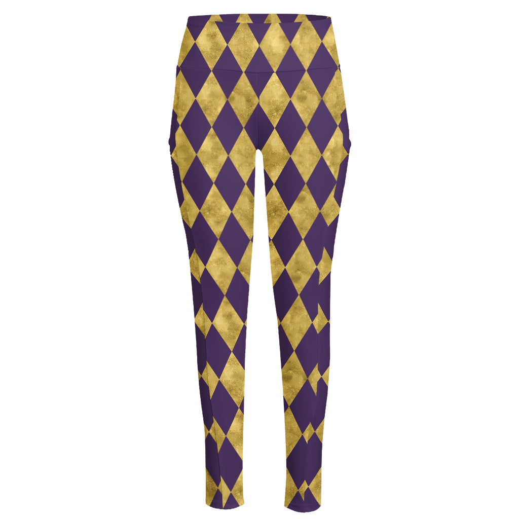 Purple And Gold Harlequin Pattern Print High-Waisted Pocket Leggings
