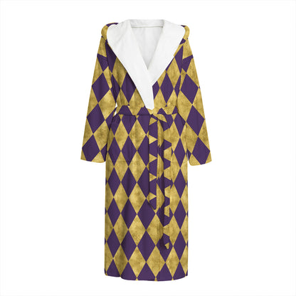 Purple And Gold Harlequin Pattern Print Hooded Bathrobe