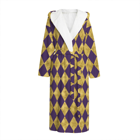 Purple And Gold Harlequin Pattern Print Hooded Bathrobe