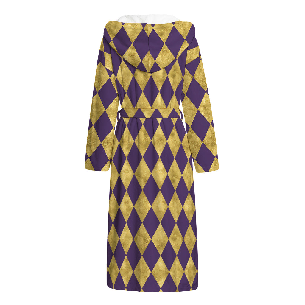 Purple And Gold Harlequin Pattern Print Hooded Bathrobe