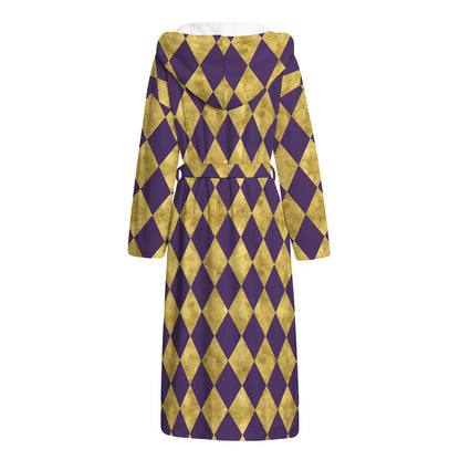 Purple And Gold Harlequin Pattern Print Hooded Bathrobe