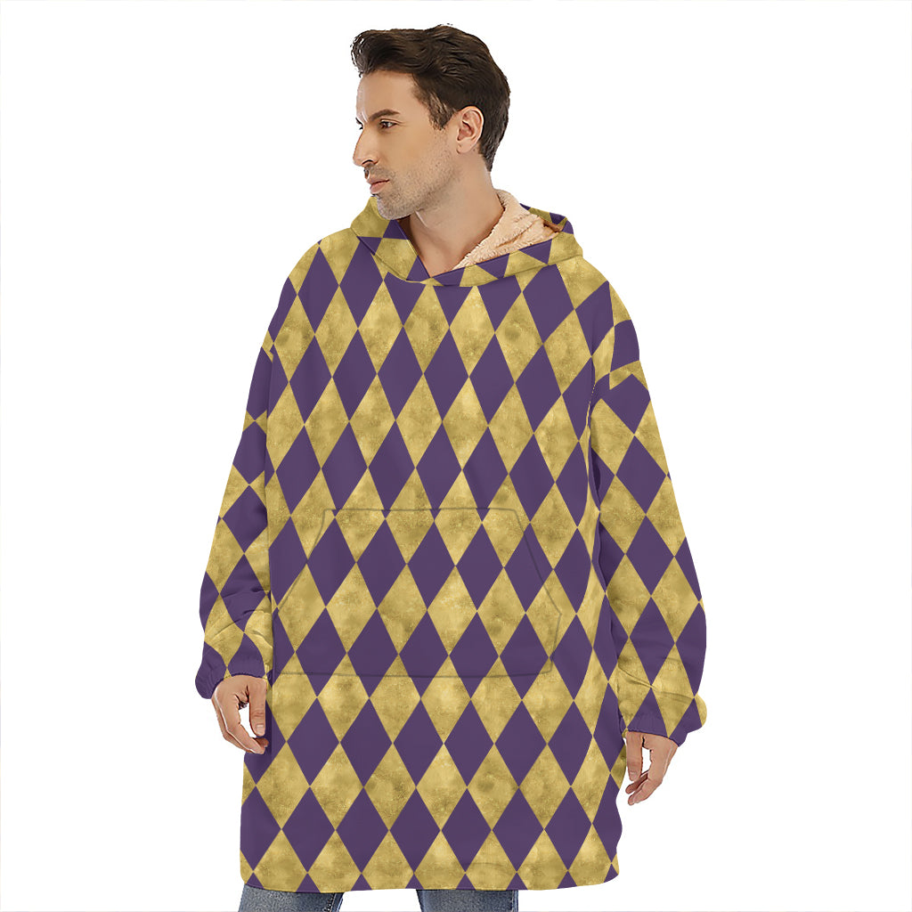 Purple And Gold Harlequin Pattern Print Hoodie Blanket