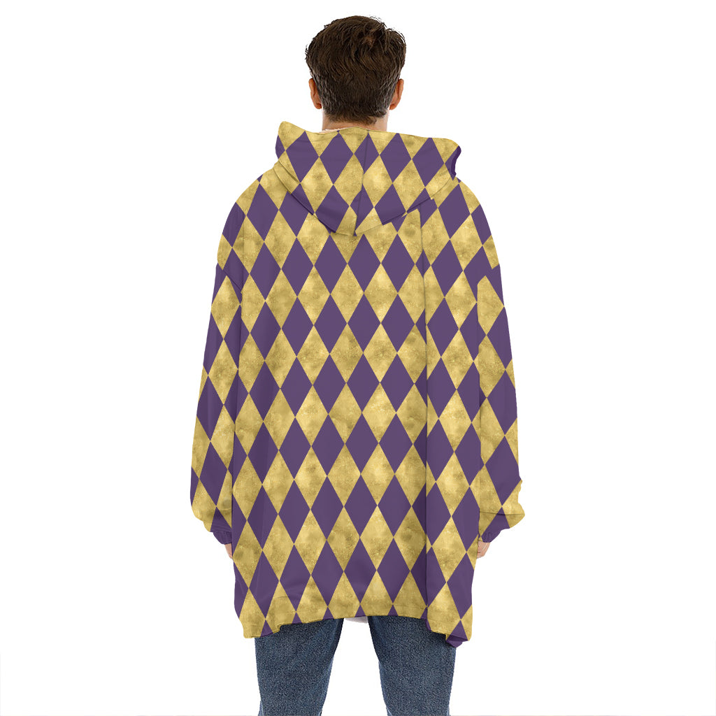 Purple And Gold Harlequin Pattern Print Hoodie Blanket