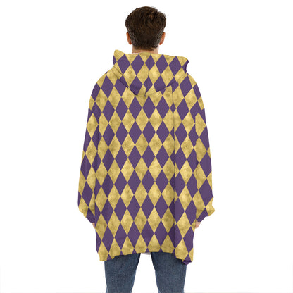 Purple And Gold Harlequin Pattern Print Hoodie Blanket