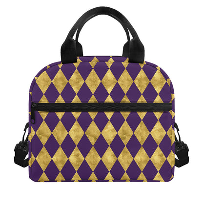 Purple And Gold Harlequin Pattern Print Insulated Lunch Bag