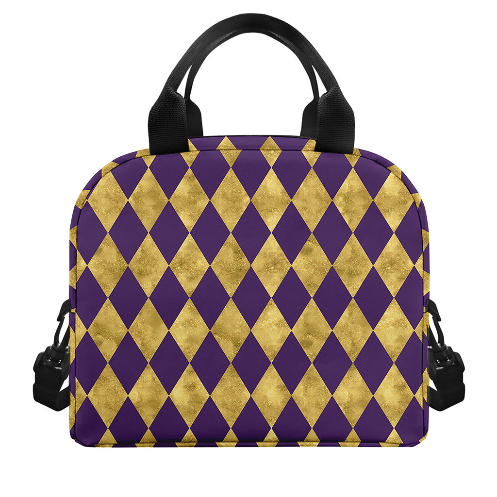Purple And Gold Harlequin Pattern Print Insulated Lunch Bag