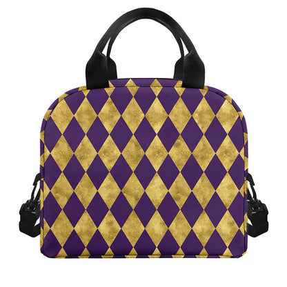 Purple And Gold Harlequin Pattern Print Insulated Lunch Bag
