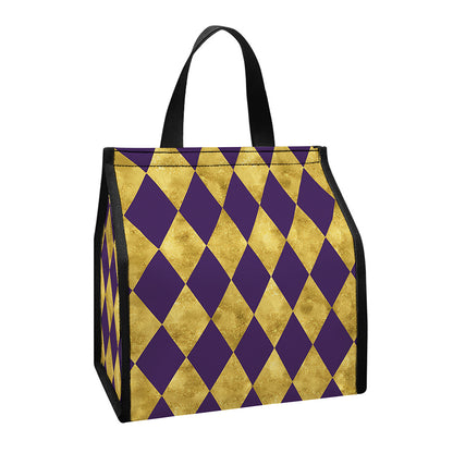 Purple And Gold Harlequin Pattern Print Insulated Lunch Tote