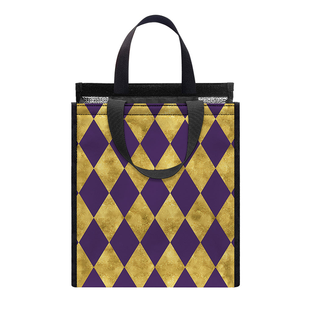 Purple And Gold Harlequin Pattern Print Insulated Lunch Tote