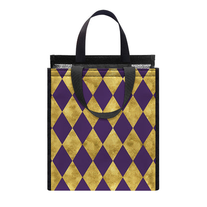 Purple And Gold Harlequin Pattern Print Insulated Lunch Tote