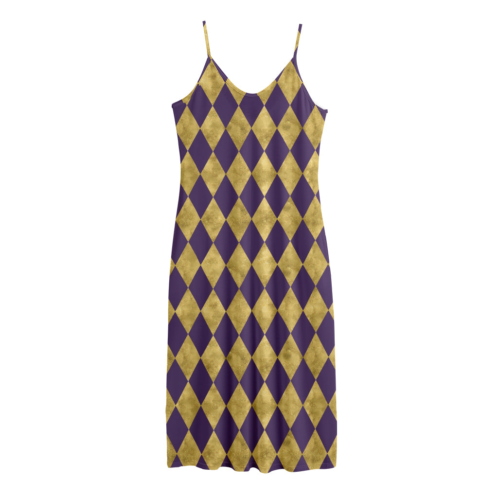 Purple And Gold Harlequin Pattern Print Jersey Midi Cami Dress
