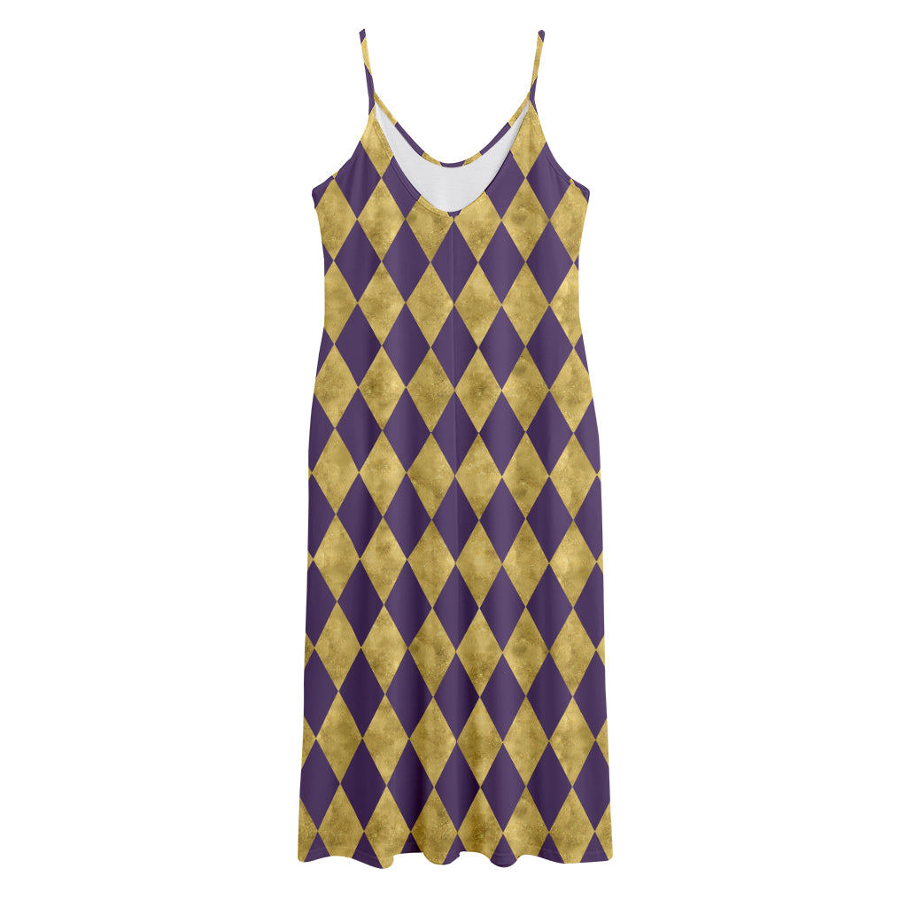 Purple And Gold Harlequin Pattern Print Jersey Midi Cami Dress