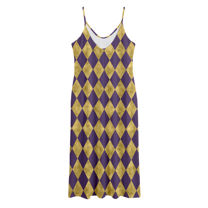 Purple And Gold Harlequin Pattern Print Jersey Midi Cami Dress