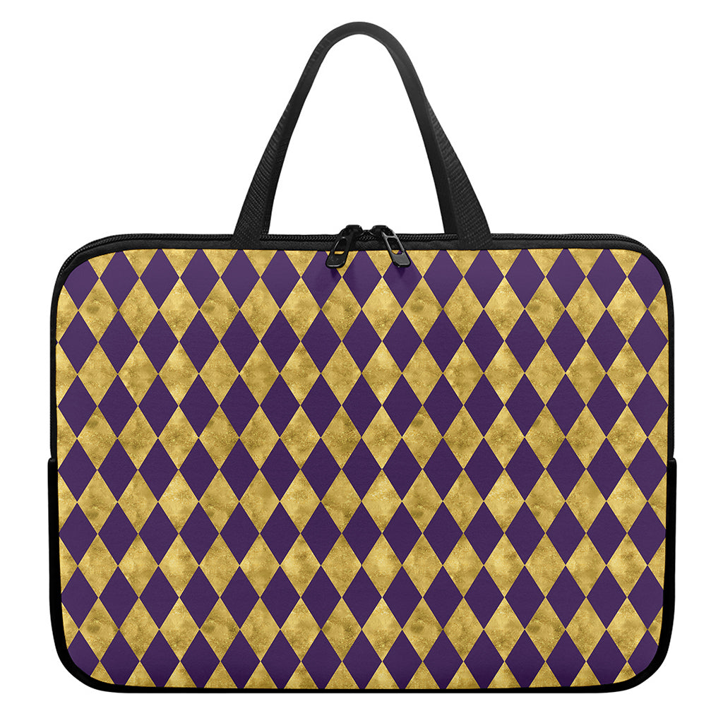 Purple And Gold Harlequin Pattern Print Laptop Sleeve With Handle
