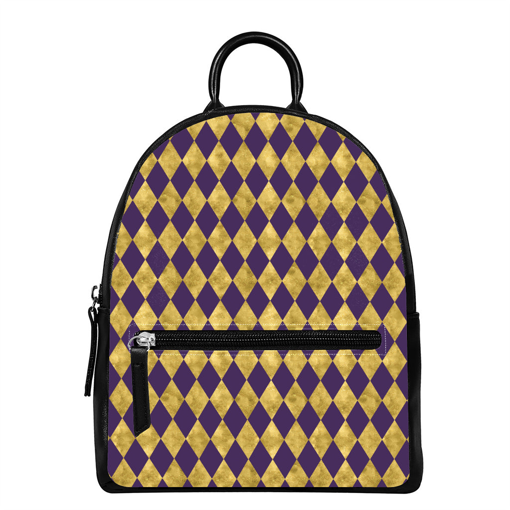 Purple And Gold Harlequin Pattern Print Leather Backpack