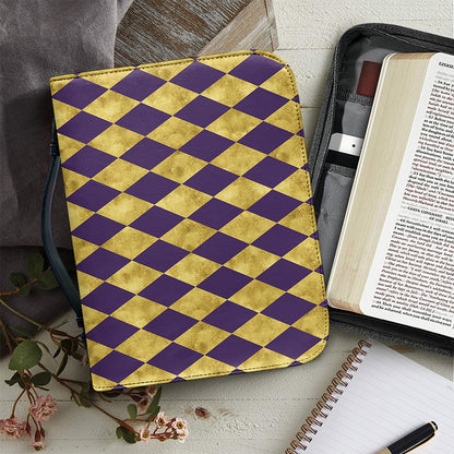 Purple And Gold Harlequin Pattern Print Leather Bible Cover