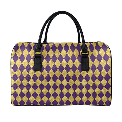 Purple And Gold Harlequin Pattern Print Leather Duffle Bag