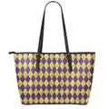 Purple And Gold Harlequin Pattern Print Leather Tote Bag With Zipper