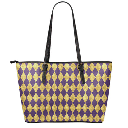 Purple And Gold Harlequin Pattern Print Leather Tote Bag
