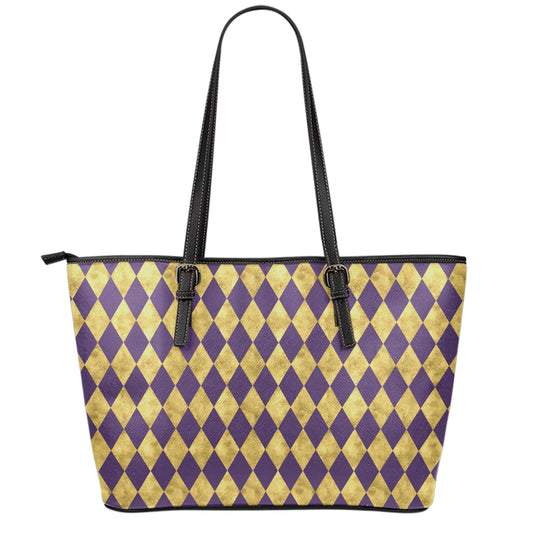 Purple And Gold Harlequin Pattern Print Leather Tote Bag