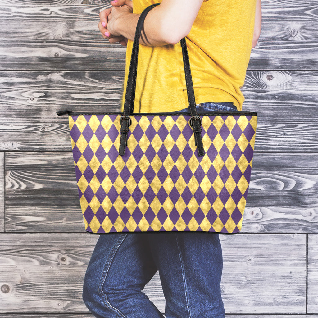 Purple And Gold Harlequin Pattern Print Leather Tote Bag