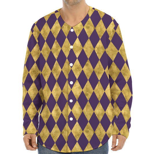 Purple And Gold Harlequin Pattern Print Long Sleeve Baseball Jersey