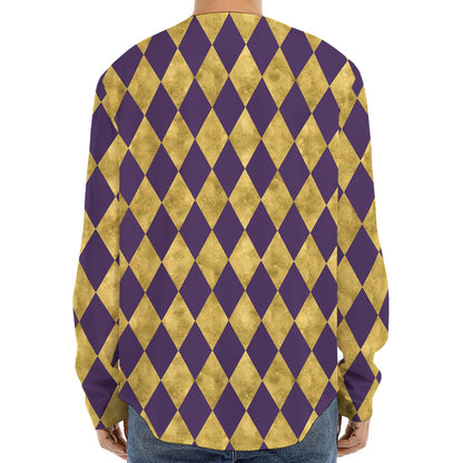 Purple And Gold Harlequin Pattern Print Long Sleeve Baseball Jersey